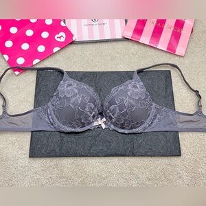 Retired Victoria’s Secret BBV Sexy Gray lace Embroidered Padded Push Up Bra 34B